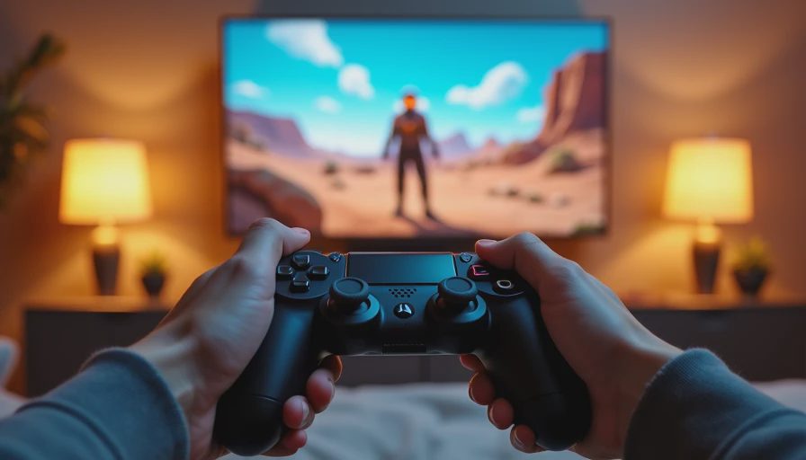 Hands holding a controller while playing Fallout: New Vegas at night.

