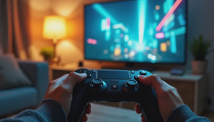 Hands holding a controller while playing BioShock at night.

