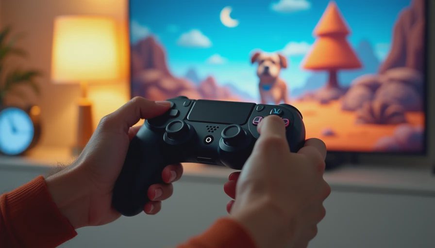 Hands holding a controller while playing Fable II with the dog companion.


