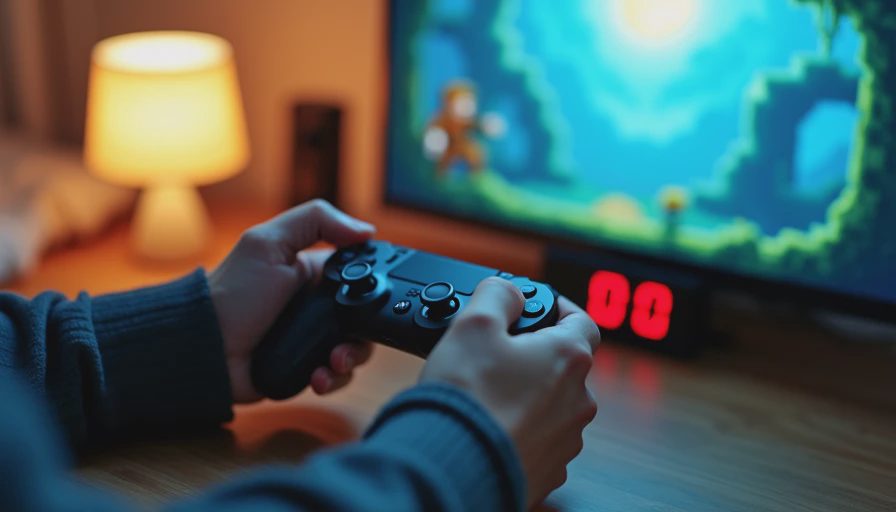 Hands holding a controller while playing Chrono Trigger.
