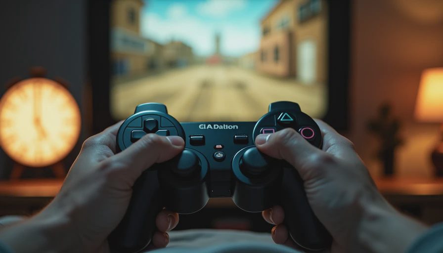 Hands holding a PS2 controller while playing a classic game.

