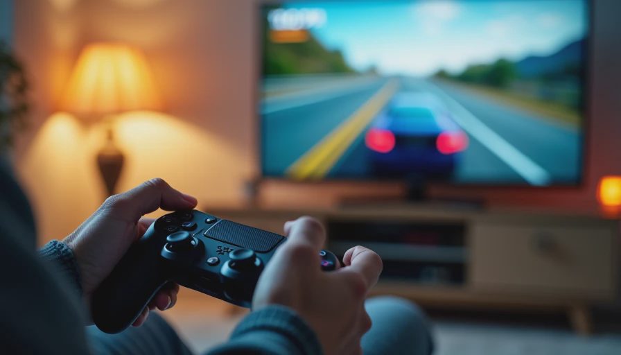 Hands holding a controller while playing Burnout 3 at night.

