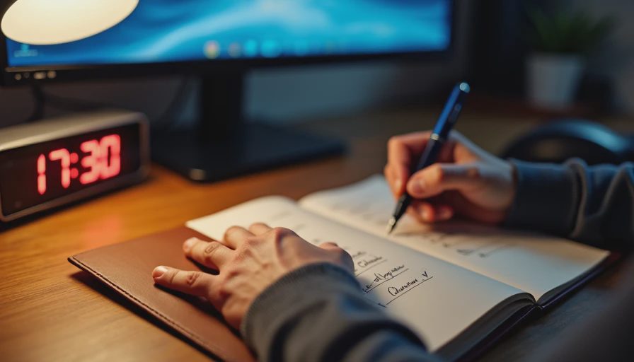 Hands writing a list of classic games with checkmarks and crosses in a notebook.

