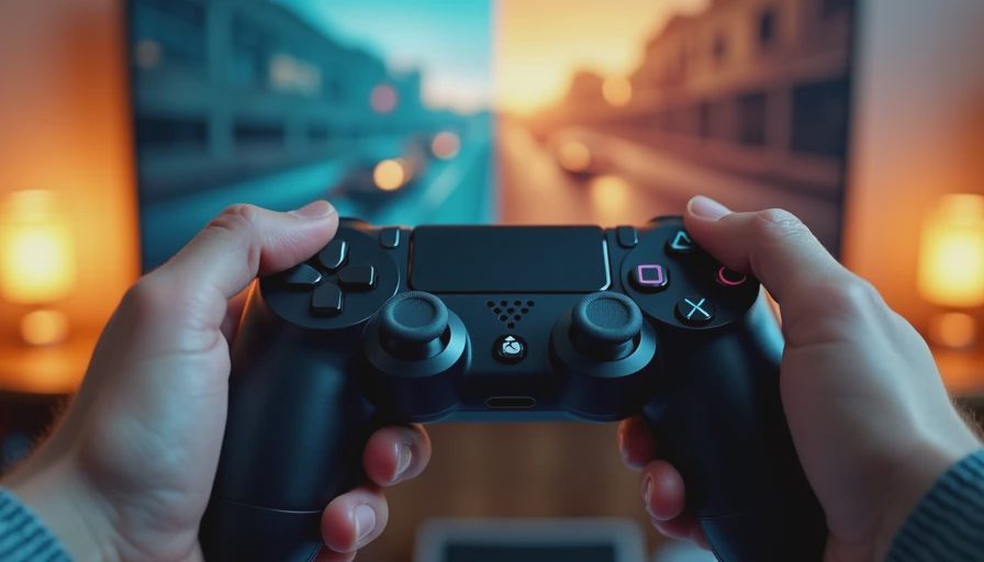 Hands holding a controller while comparing versions of Resident Evil 4.