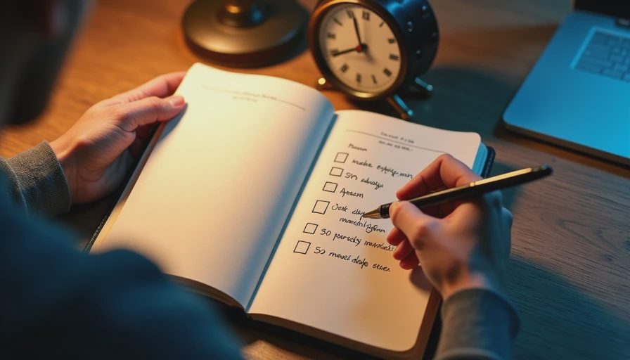 Hands writing a five-point checklist in a notebook with a fountain pen.

