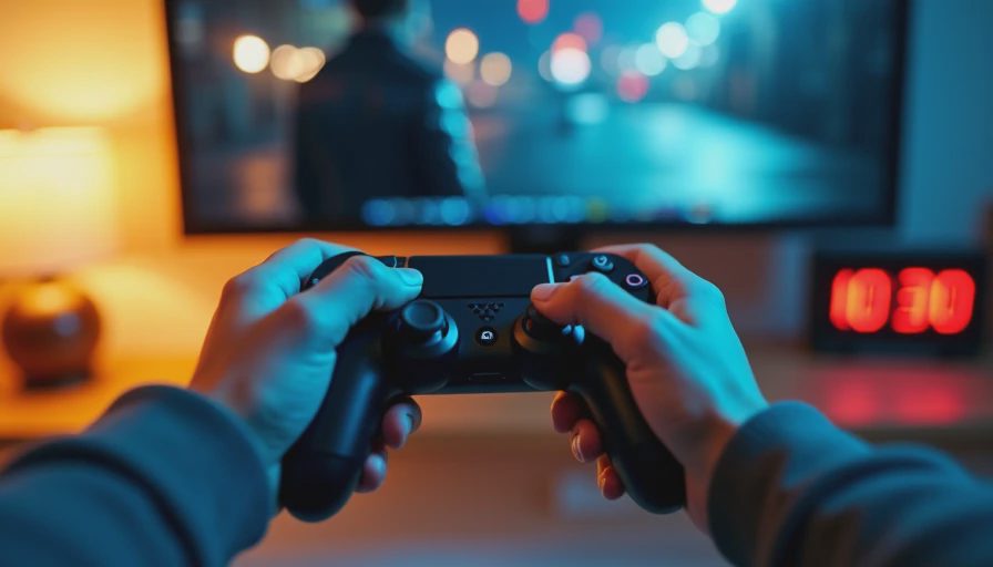 Hands holding a controller while playing Max Payne.

