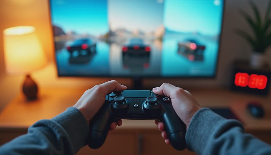 Hands holding a controller while comparing three versions of Oblivion.