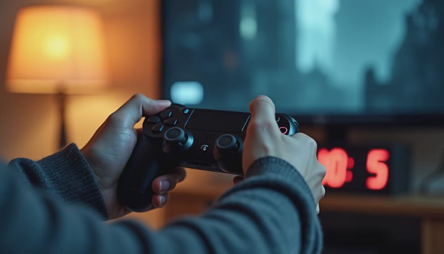 Hands holding a controller while playing Arkham Asylum at night.