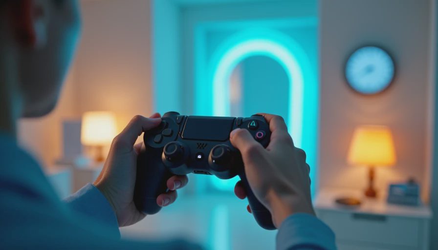 Hands holding a controller while playing Portal.