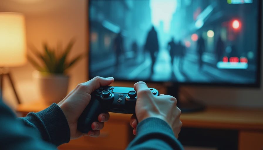 Hands holding a controller while playing Left 4 Dead 2 with co-op teammates.