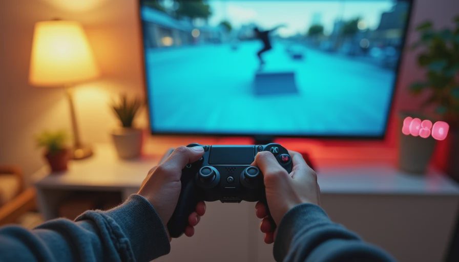 Hands holding a controller while playing Skate 3.

